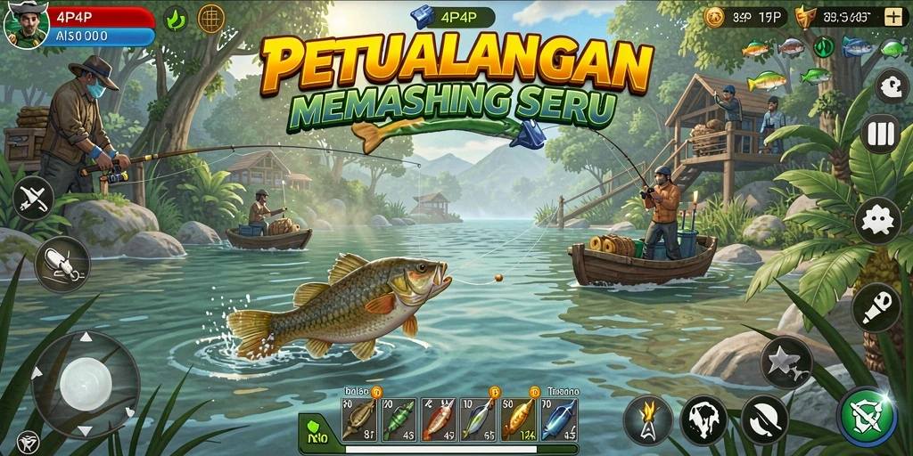 Screenshot gameplay 4P4P menunjukkan pengalaman memancing yang menarik.