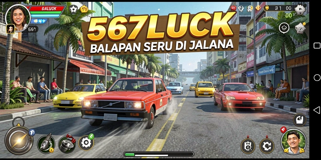Screenshot utama 567LUCK memperlihatkan mobil balap melaju kencang di trek.