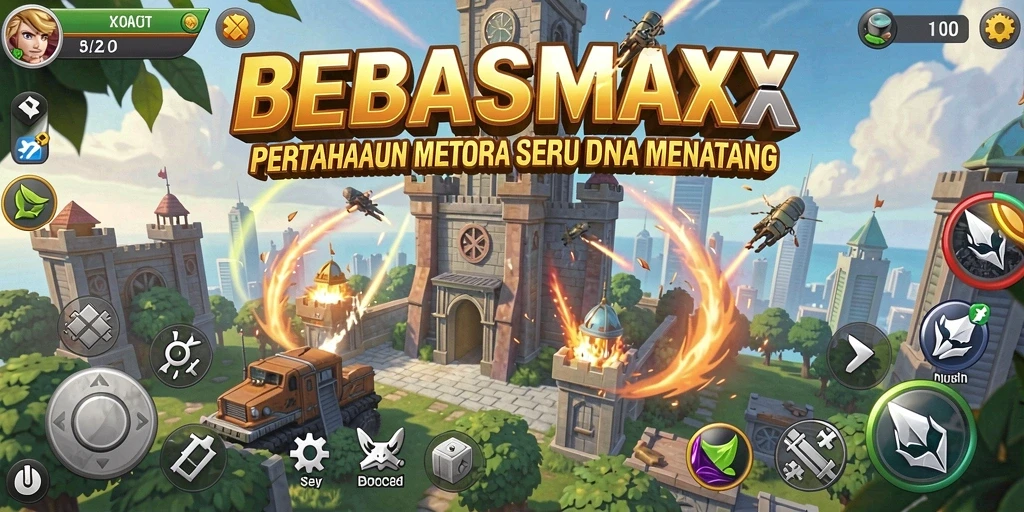 Tampilan gameplay BEBASMAX yang epik dalam pertarungan Tower Defense.