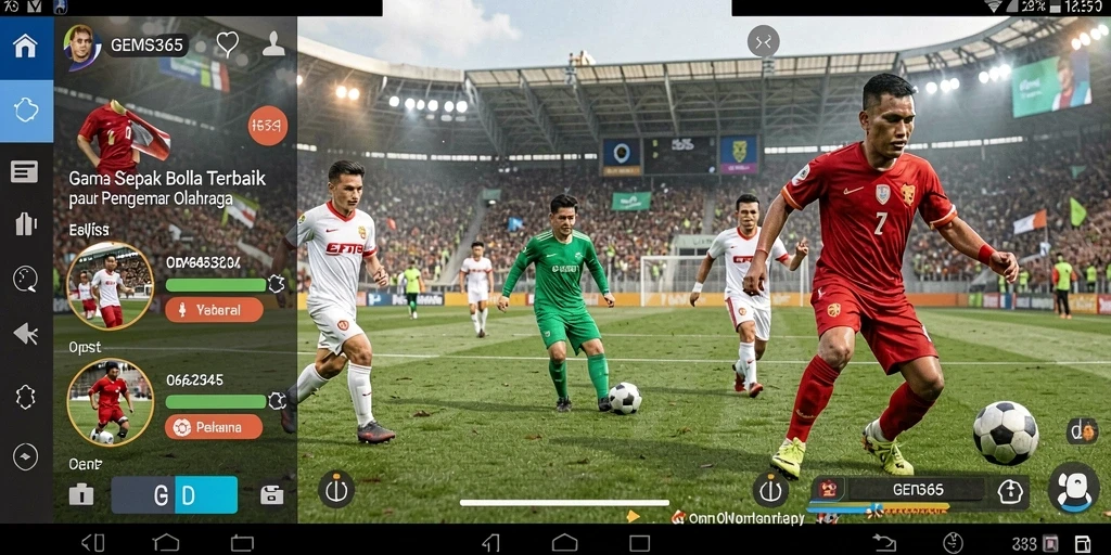 Tangkapan layar utama GEMS365 menampilkan aksi seru dalam pertandingan sepak bola.
