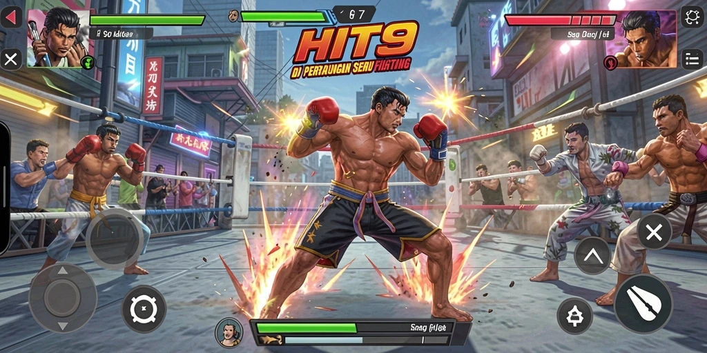Screenshot gameplay <strong>HIT9</strong> menampilkan pertarungan epik dengan karakter yang beraksi.
