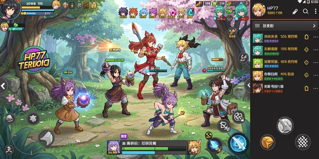 Screenshot utama HP777 menampilkan karakter anime dalam aksi.