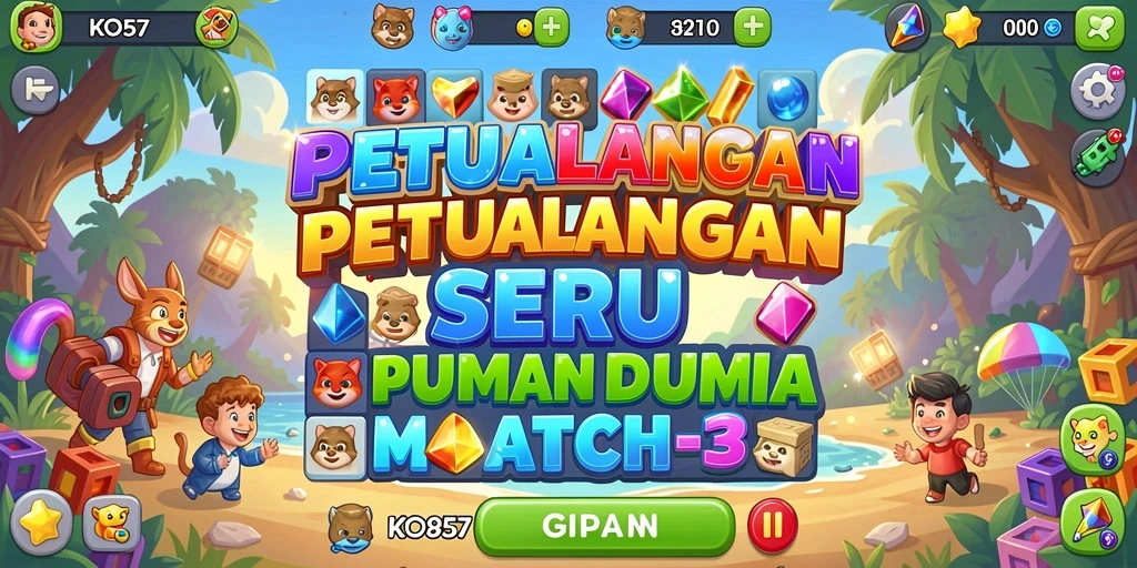 Screenshot KO857 menampilkan pemain mencocokkan permata berwarna-warni dalam gameplay Match-3.