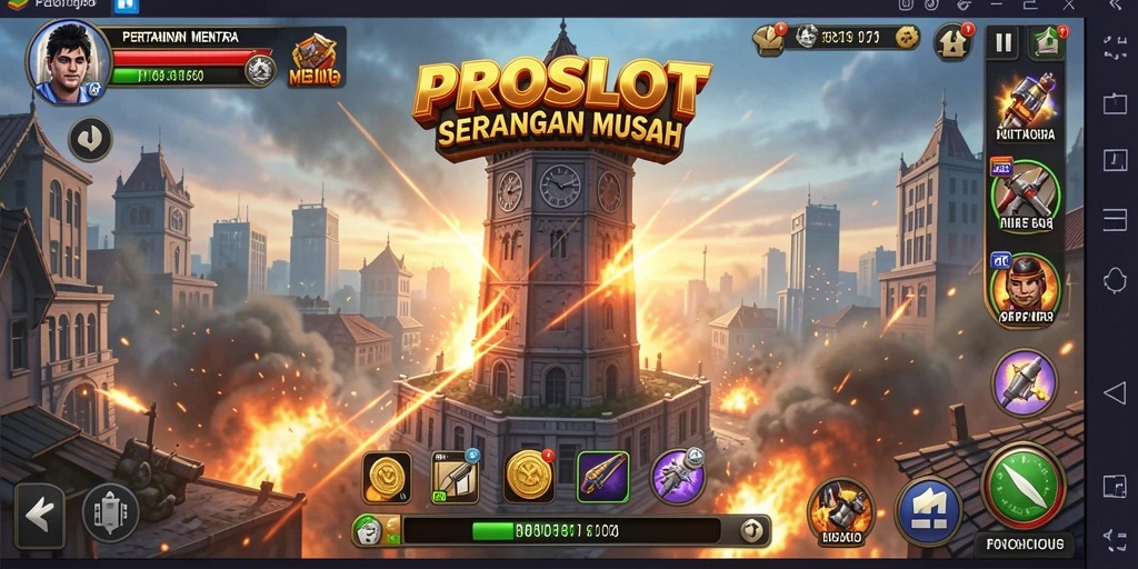 Screenshot gameplay <strong>PROSLOT</strong> menampilkan pertahanan menara yang kokoh melawan serangan musuh.