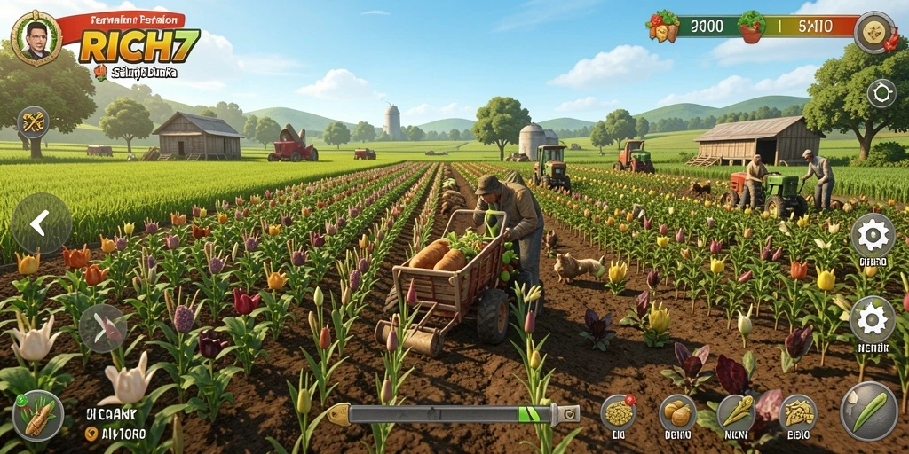 Tampilan gameplay RICH7 yang seru dan interaktif dalam pertanian.