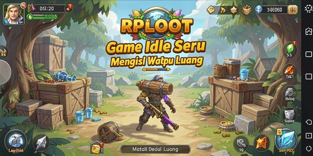 Tampilan gameplay RPLOOT yang menampilkan pengumpulan sumber daya secara otomatis.
