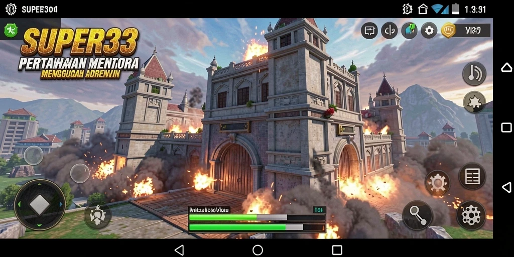Tampilan utama gameplay SUPER33 dengan efek menara yang memukau.